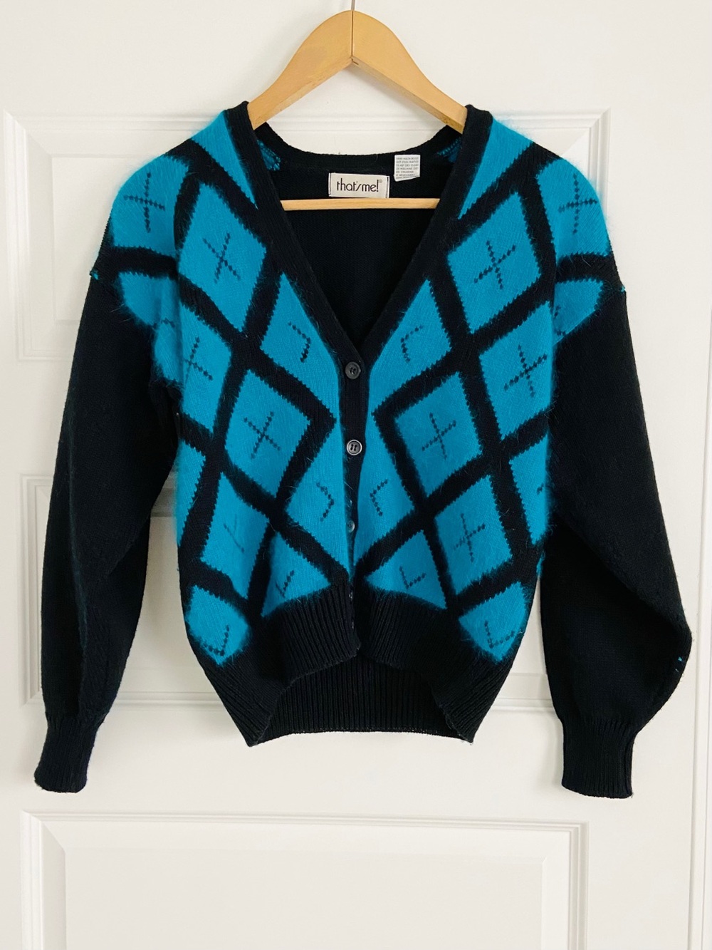 VINTAGE That’s Me! Angora Teal Blue & Black Argyle Preppy Cardigan Sweater